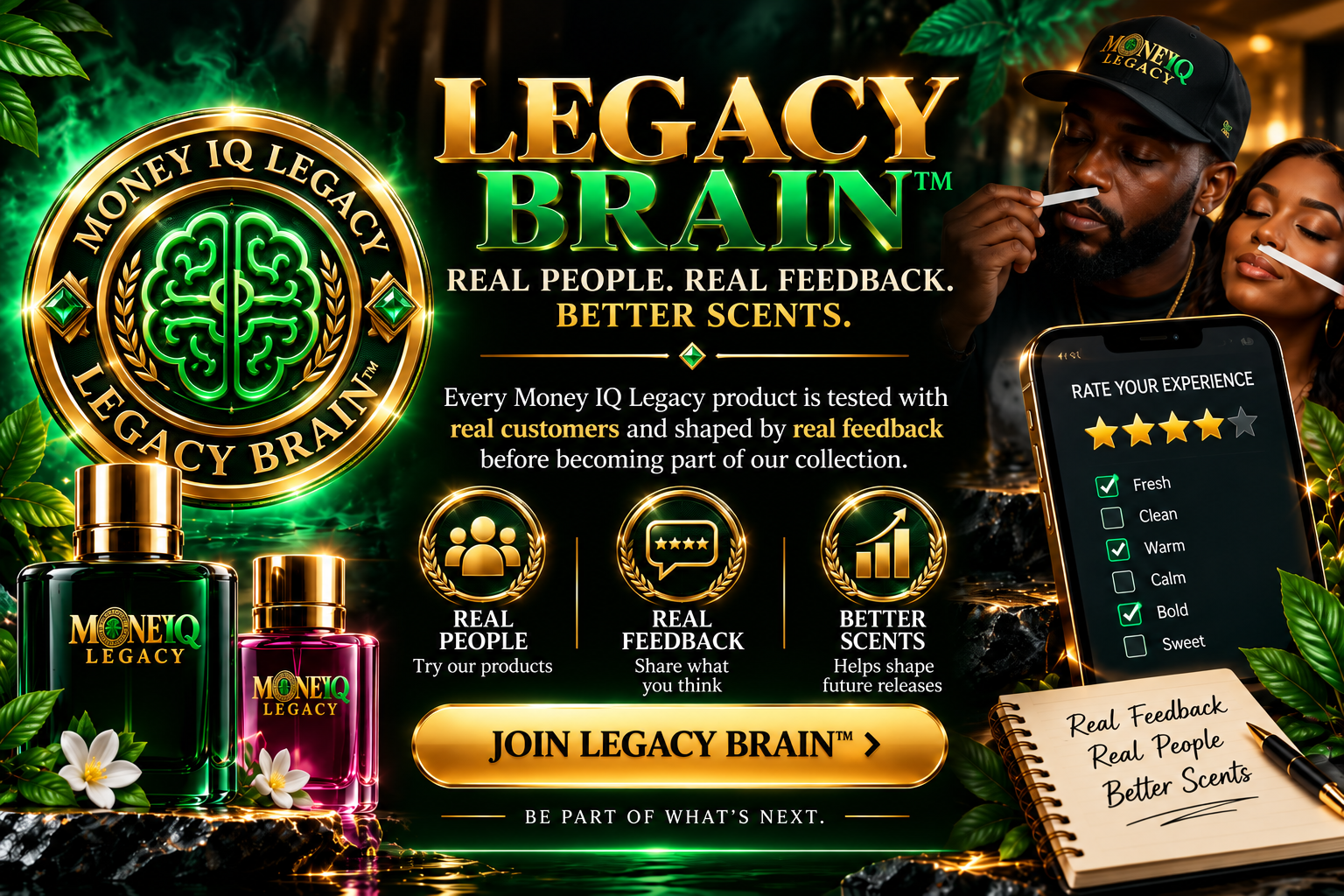Money IQ Legacy Legacy Brain™ customer testing program featuring real people, fragrance feedback, scent ratings, premium fragrances, and the message Real People. Real Feedback. Better Scents.