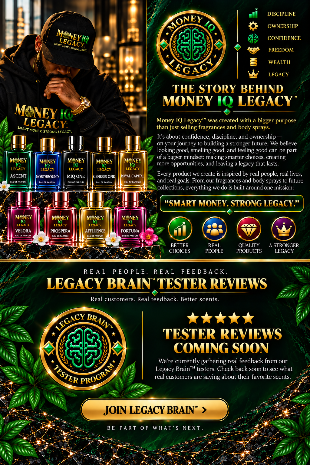 Money IQ Legacy brand story featuring the fragrance collection, Smart Money. Strong Legacy. message, core brand values, and a Legacy Brain™ Tester Reviews Coming Soon section with a Join Legacy Brain™ call to action.