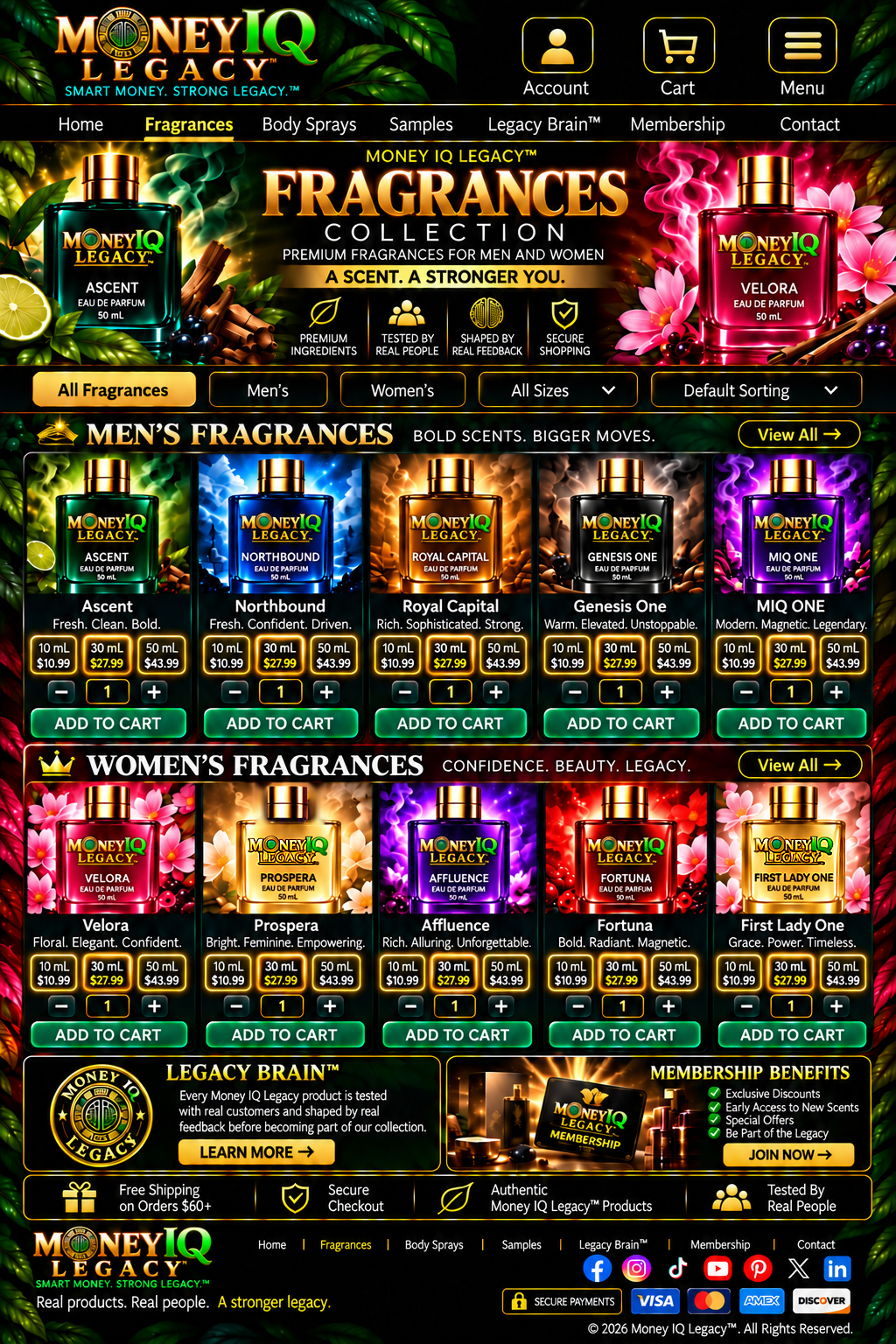 Money IQ Legacy fragrance collection: five men's and five women's fragrances, size and price options, Legacy Brain and membership benefits