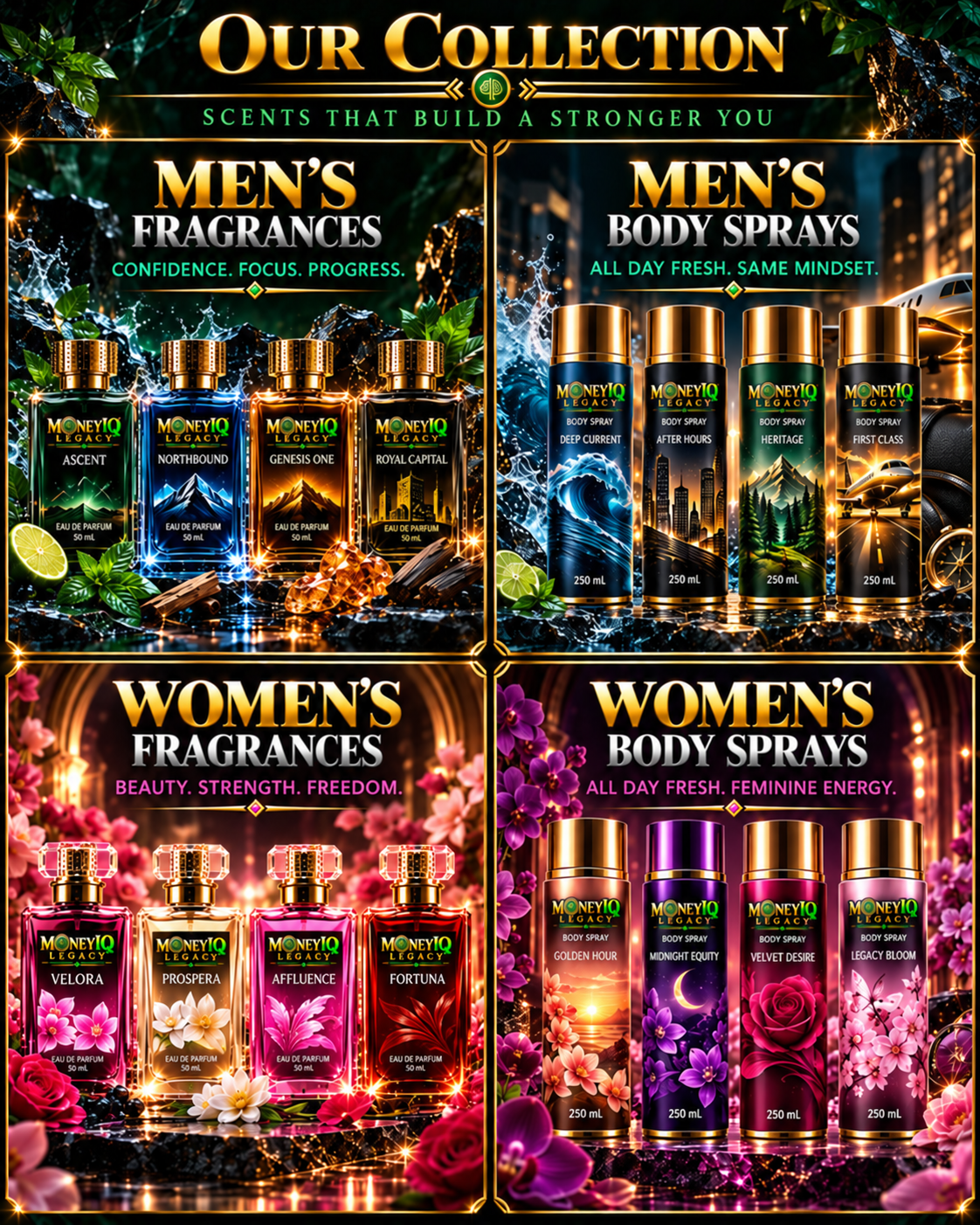 Money IQ Legacy collection featuring men’s fragrances, men’s body sprays, women’s fragrances, and women’s body sprays, including Velora, Prospera, Affluence, and Fortuna.