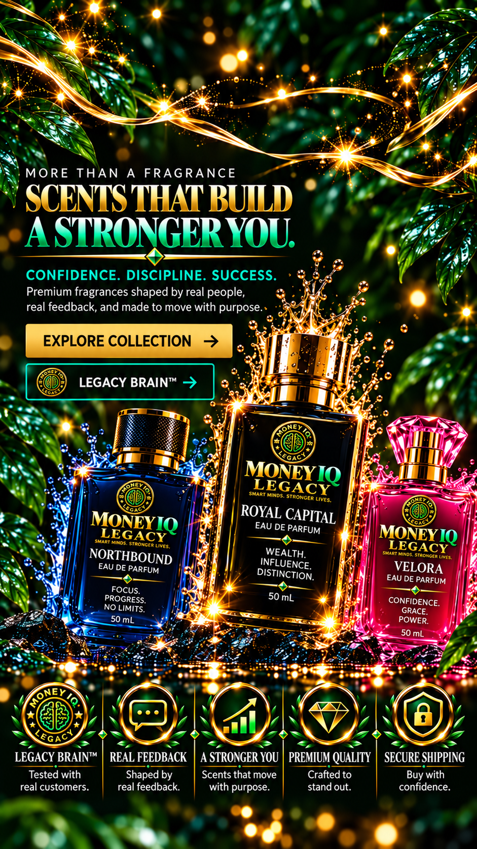 Money IQ Legacy Royal Capital Eau de Parfum in a black-and-gold bottle with water splashes and five brand trust badges.