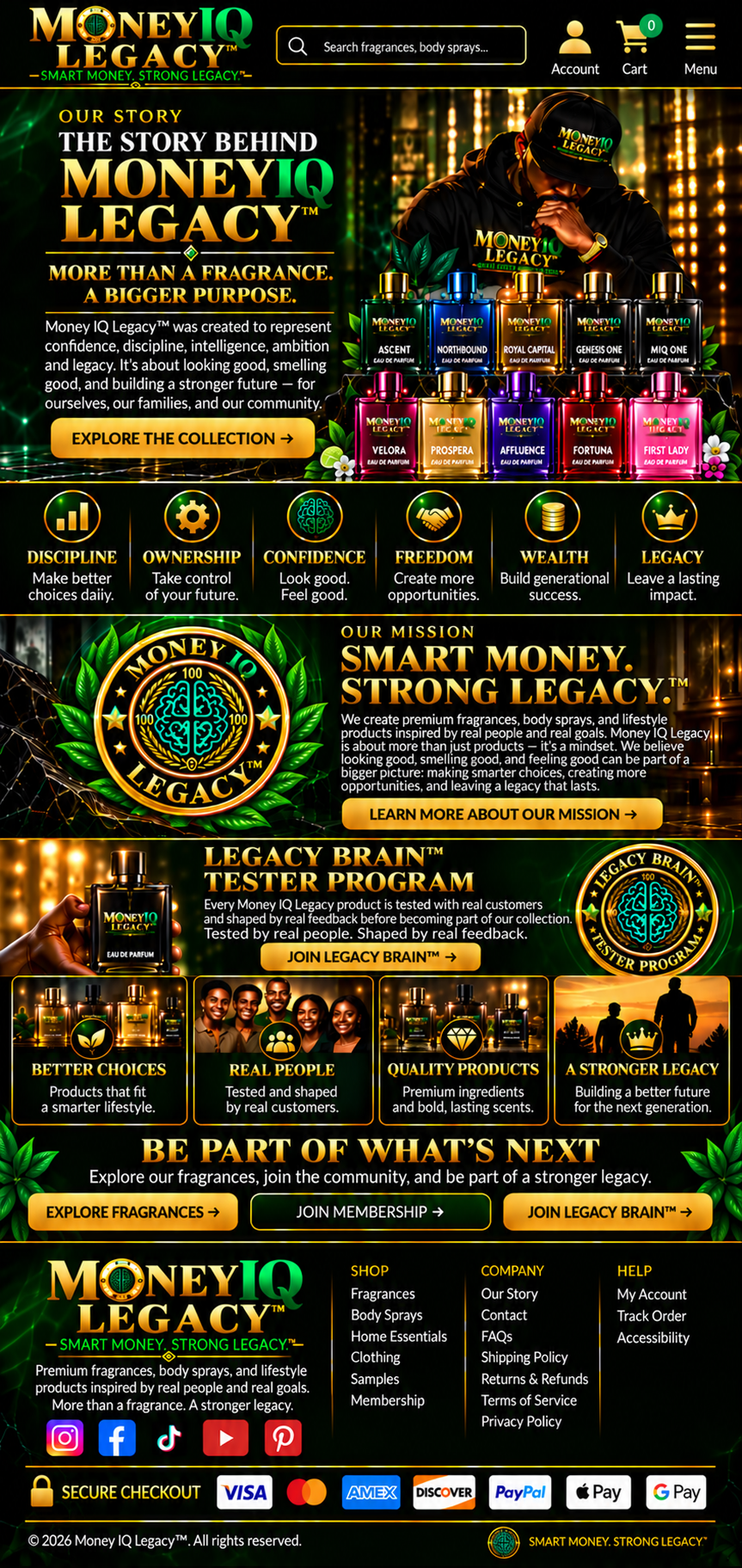 Money IQ Legacy™ Our Story page featuring the brand’s fragrance collection, mission, core values, Legacy Brain™ tester program, community benefits, membership and fragrance calls to action, social links, secure checkout, and payment options in a luxury black, emerald green, and gold design.