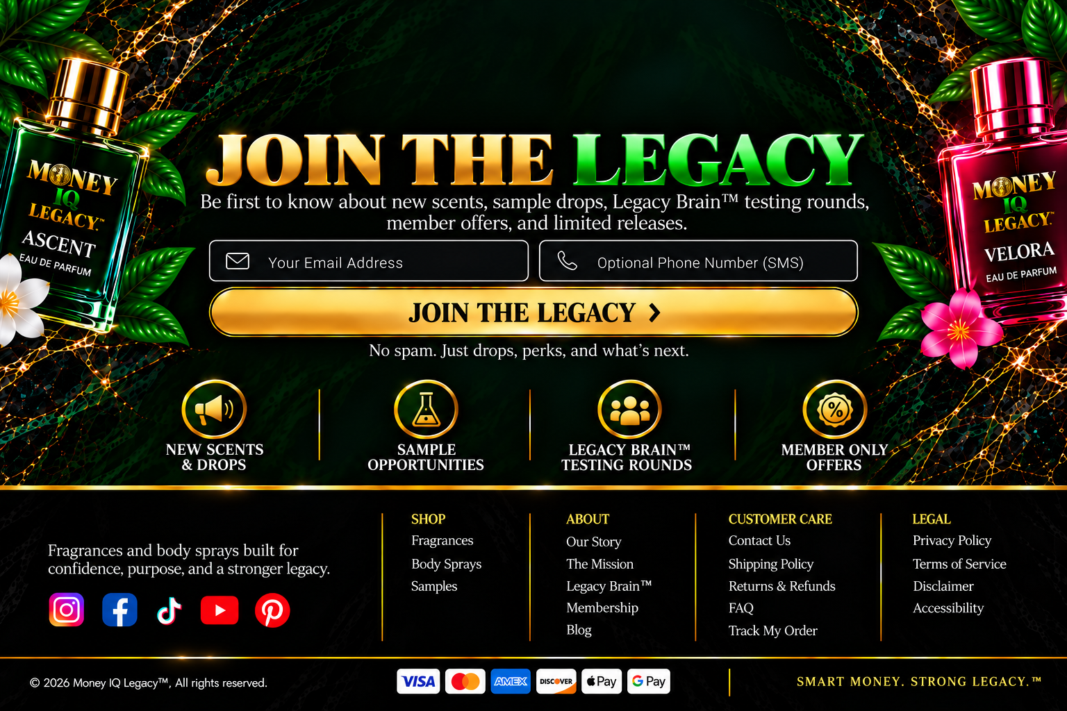Money IQ Legacy Join the Legacy signup and footer featuring fragrance and body spray updates, sample opportunities, Legacy Brain™ testing rounds, member-only offers, social links, customer care, and legal information.